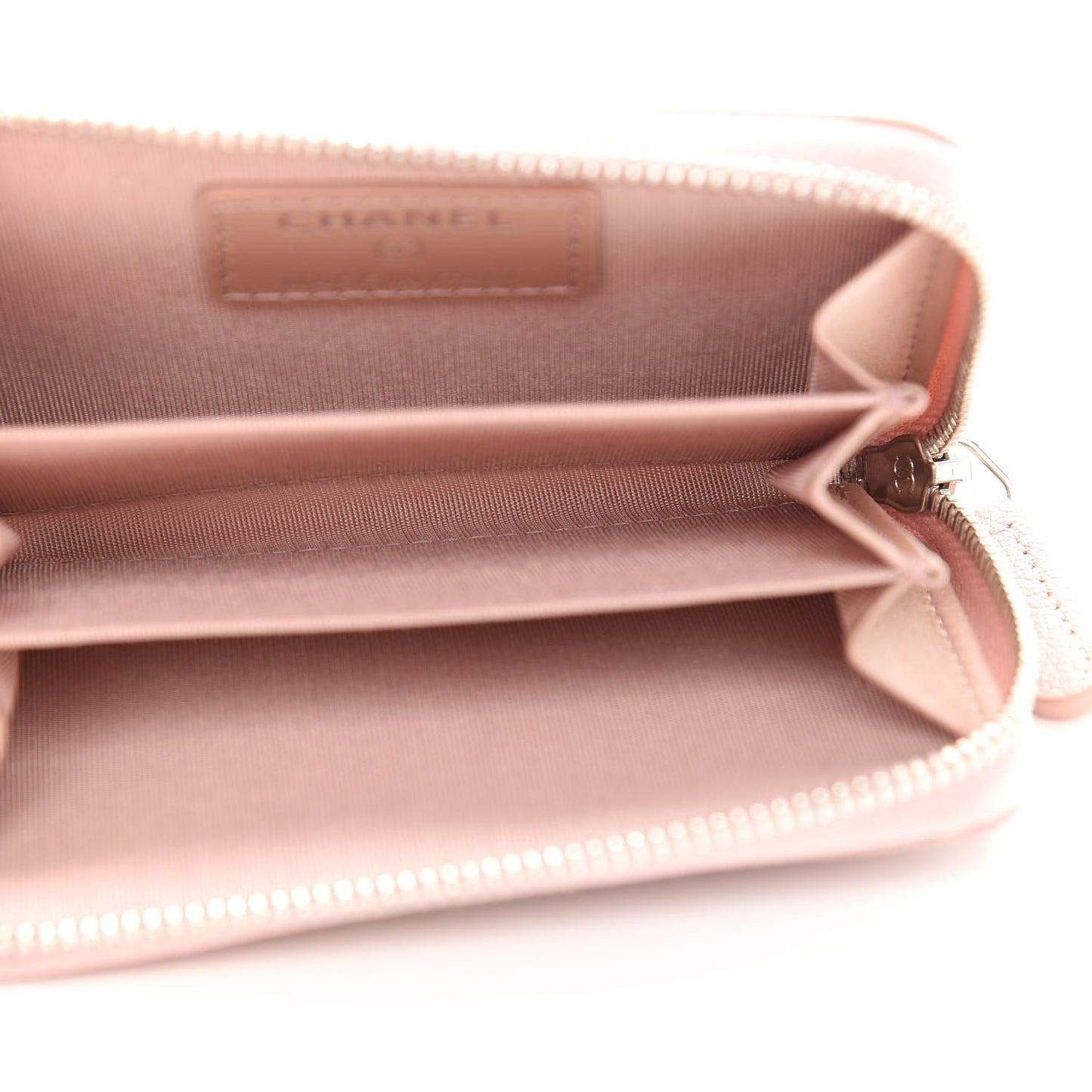 Goatskin Camellia Embossed Zip Coin Purse Light Pink