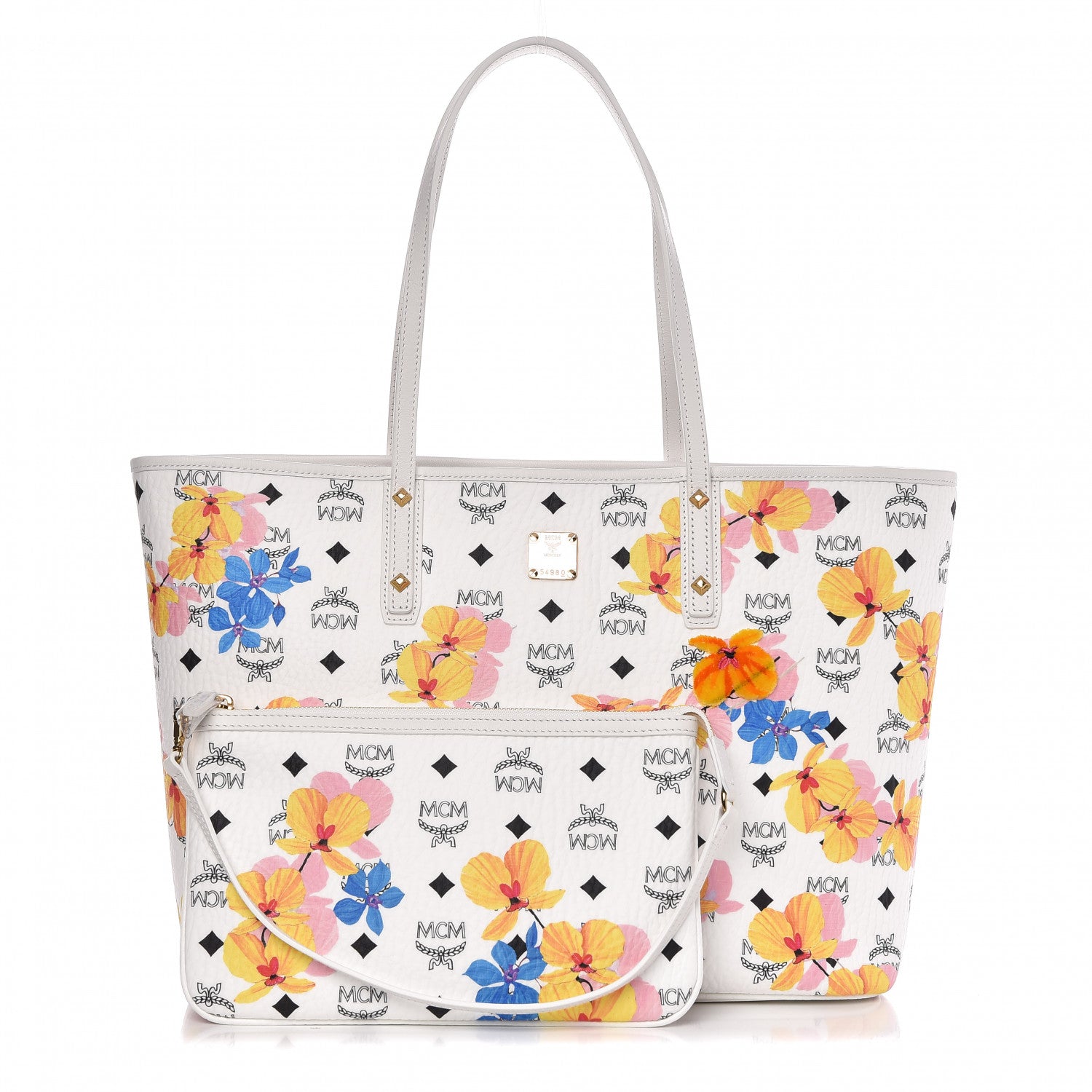 MCM Visetos Floral Print Medium Essential Zip Top Shopper Tote White 1 of 10