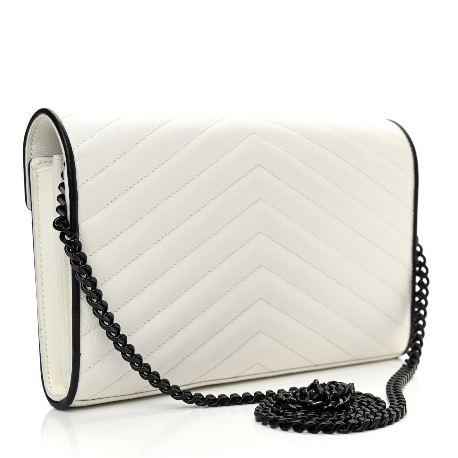 Saint Laurent Grain De Poudre Matelasse Monogram Chain Wallet White Black 3 of 11
