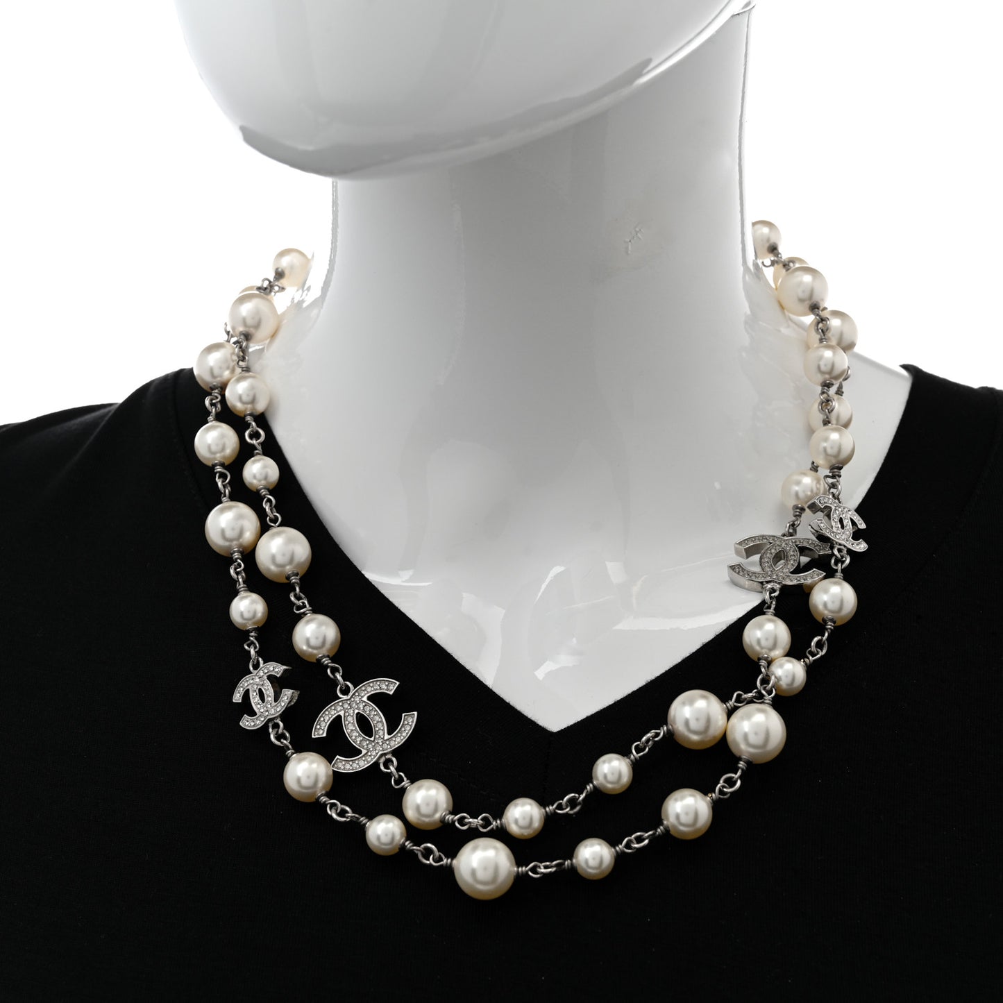 Crystal Pearl CC Long Necklace Silver