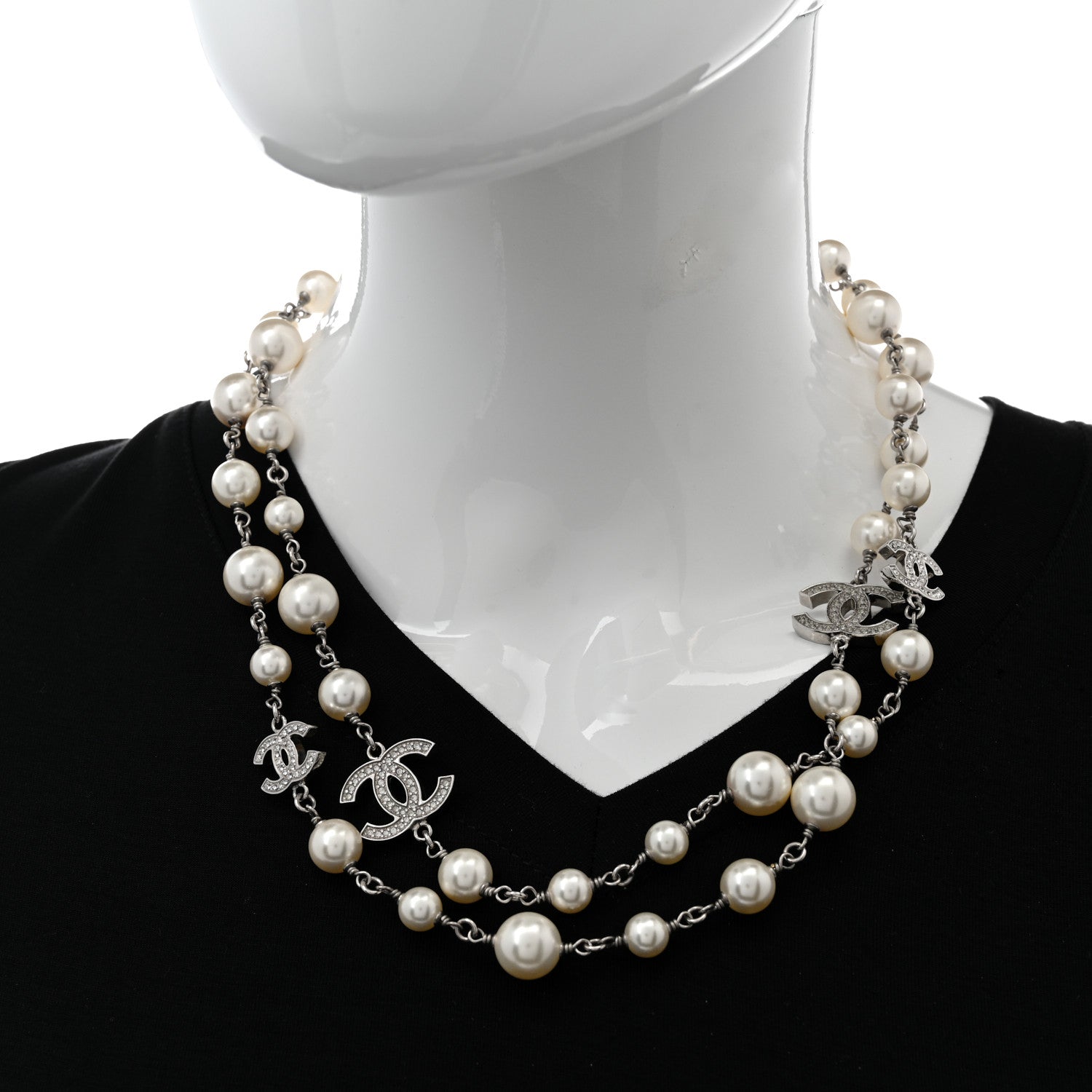 Chanel Crystal Pearl CC Long Necklace Silver 2 of 7