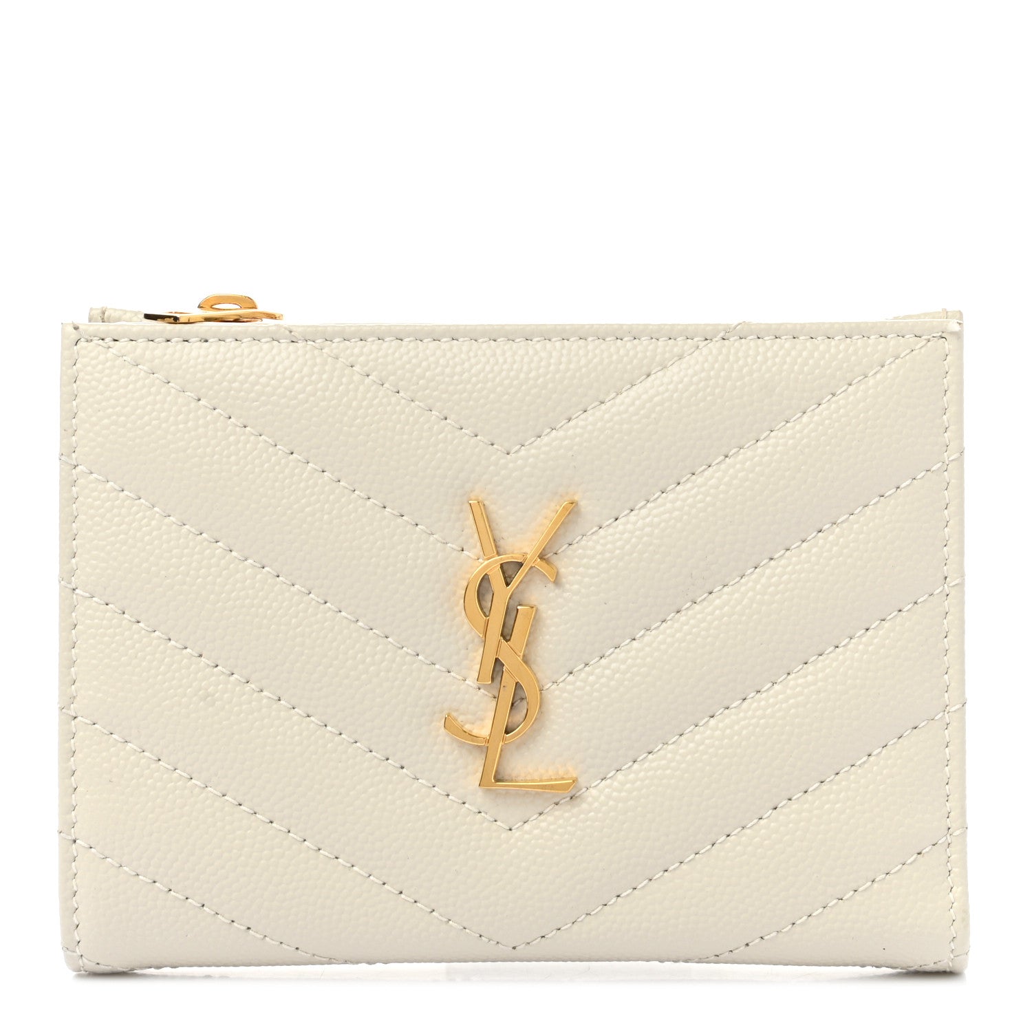 Saint Laurent Grain De Poudre Matelasse Chevron Monogram Zipped Card Case White 1 of 9