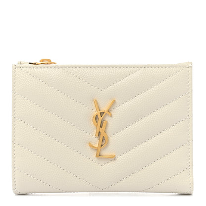 Saint Laurent Grain De Poudre Matelasse Chevron Monogram Zipped Card Case White 1 of 9