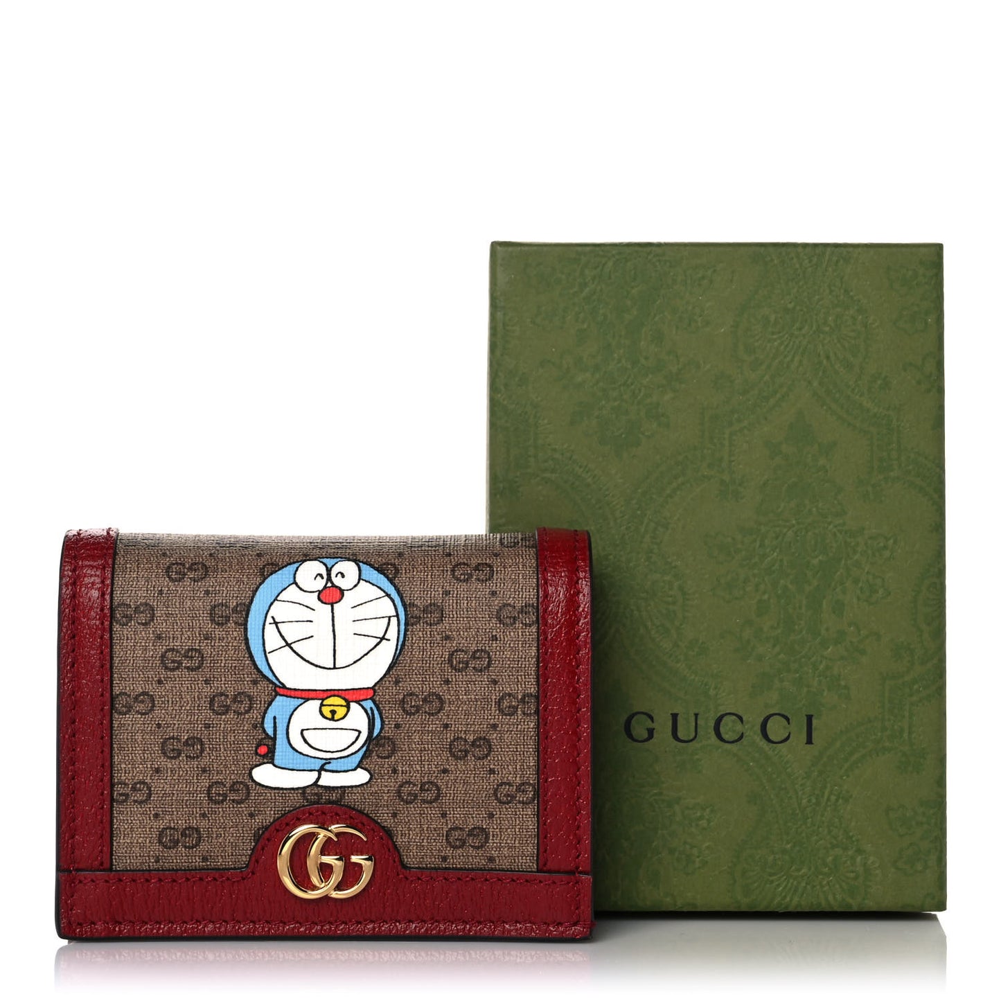 X DORAEMON Mini Vintage GG Supreme Monogram Card Case Wallet Beige Cherry Red