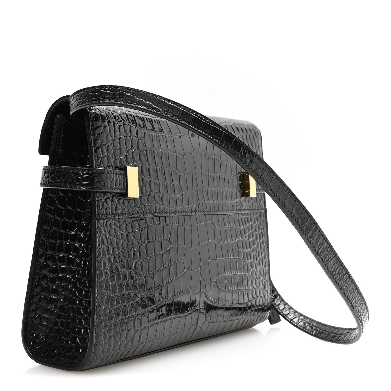 Saint Laurent Shiny Calfskin Crocodile Embossed Small Manhattan Baguette Black 3 of 10