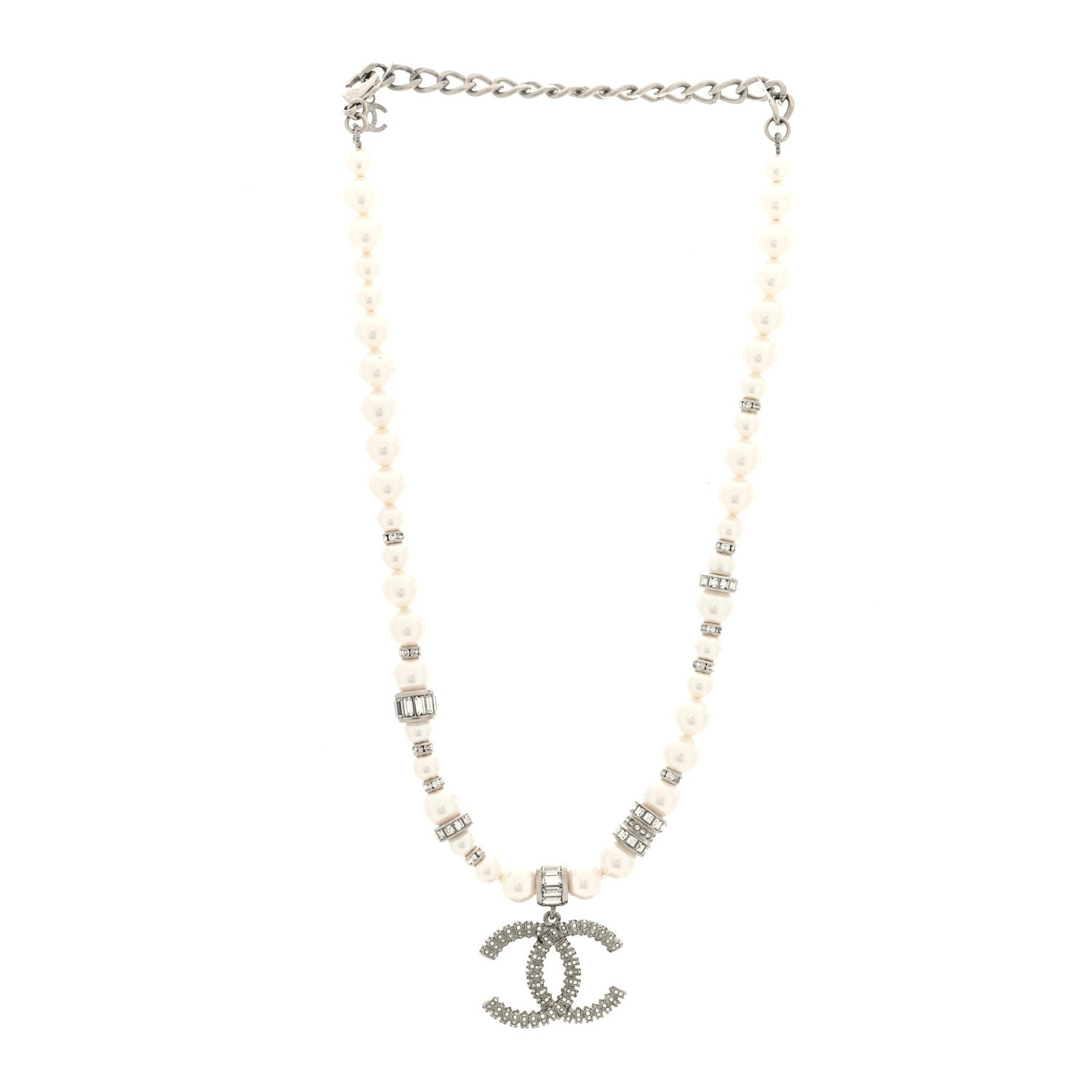 Chanel Crystal Pearl CC Choker Necklace Silver 3 of 4