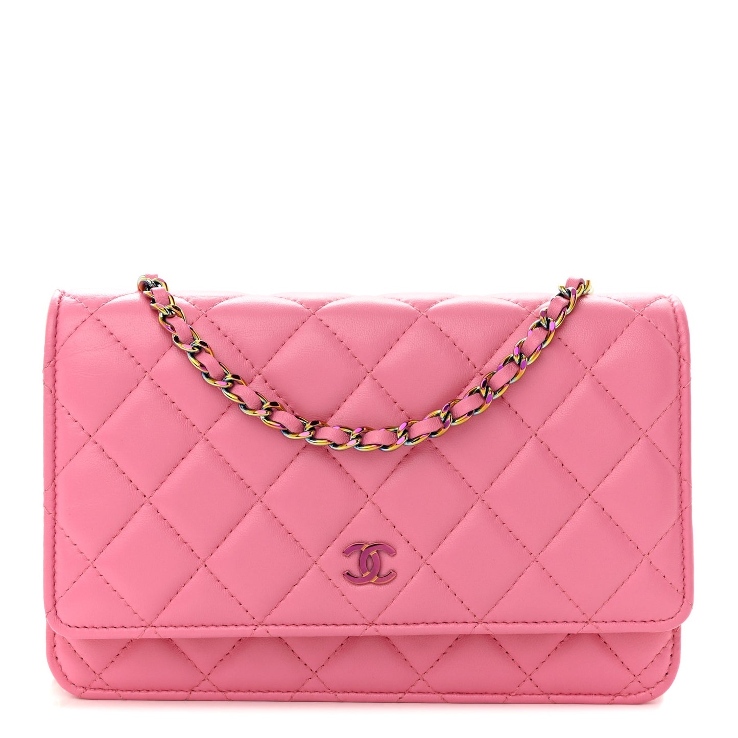 Lambskin Quilted Wallet On Chain WOC Pink Yellow