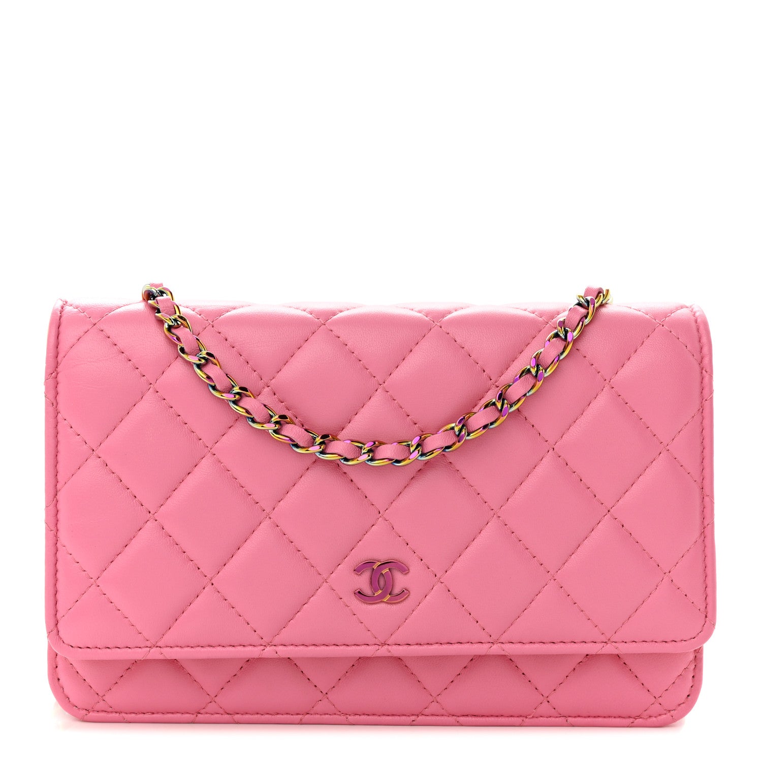 Chanel Lambskin Quilted Wallet On Chain WOC Pink Yellow 1 of 15