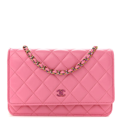 Chanel Lambskin Quilted Wallet On Chain WOC Pink Yellow 1 of 15