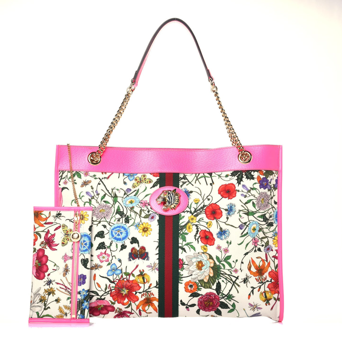 Canvas Flora Large Rajah Chain Tote White Multicolor Fuxia Fluo