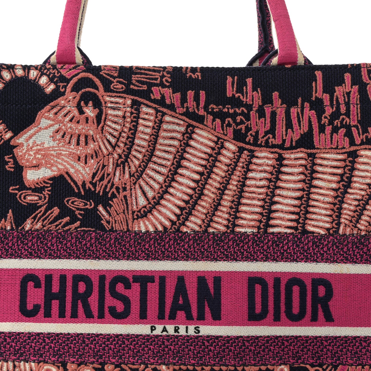 Canvas Embroidered Dior Animals Tiger Book Tote Deep Blue Fuchsia