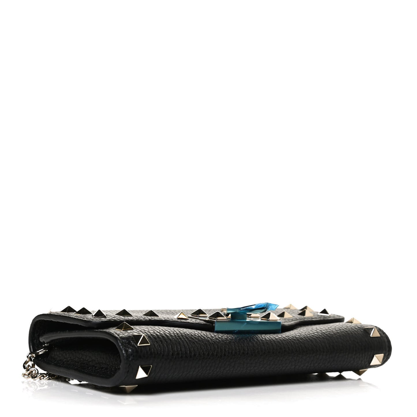 Pebbled Calfskin Rockstud Flip Lock Wallet On Chain Black