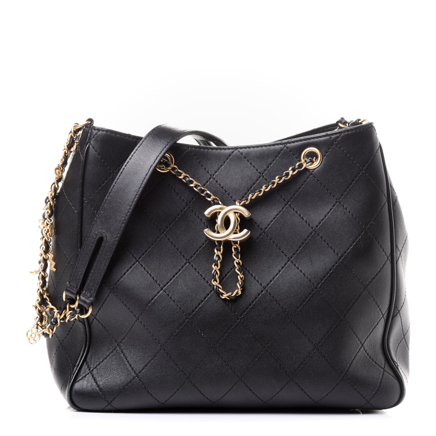 Chanel Calfskin Stitched Egyptian Amulet Drawstring Bag Black 1 of 17