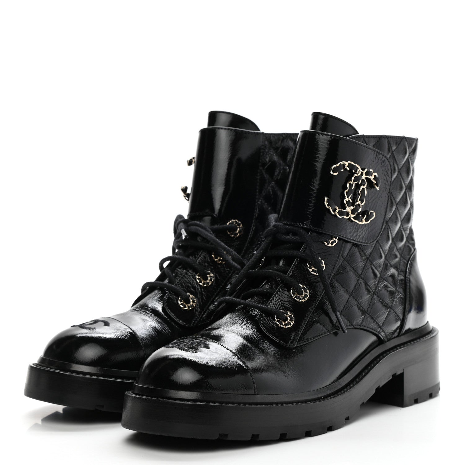 Chanel Shiny Calfskin Quilted Lace Up Combat Boots 40.5 Black 3 of 9