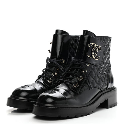 Chanel Shiny Calfskin Quilted Lace Up Combat Boots 40.5 Black 3 of 9