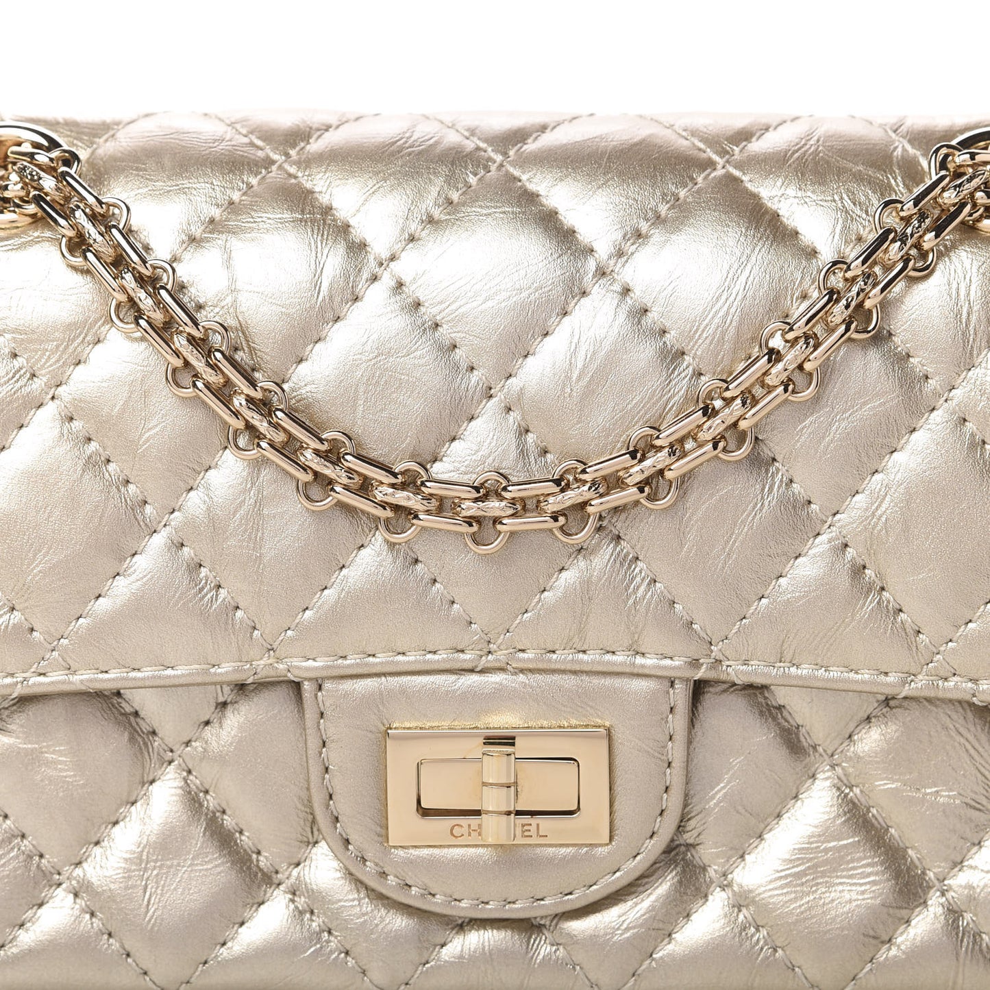 Metallic Aged Calfskin Quilted 2.55 Reissue Mini Flap Light Gold