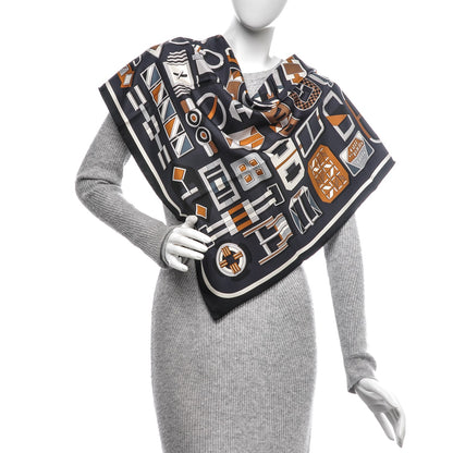 Hermes Silk Carré en Boucles Scarf 90 Black Gris Caramel 2 of 9