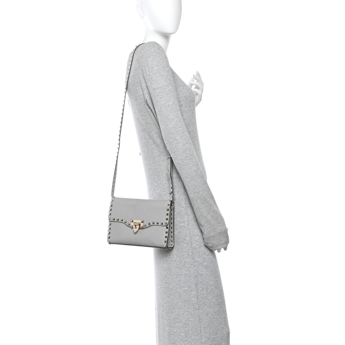 Pebbled Calfskin Medium Rockstud Flip Lock Crossbody Bag Pastel Grey