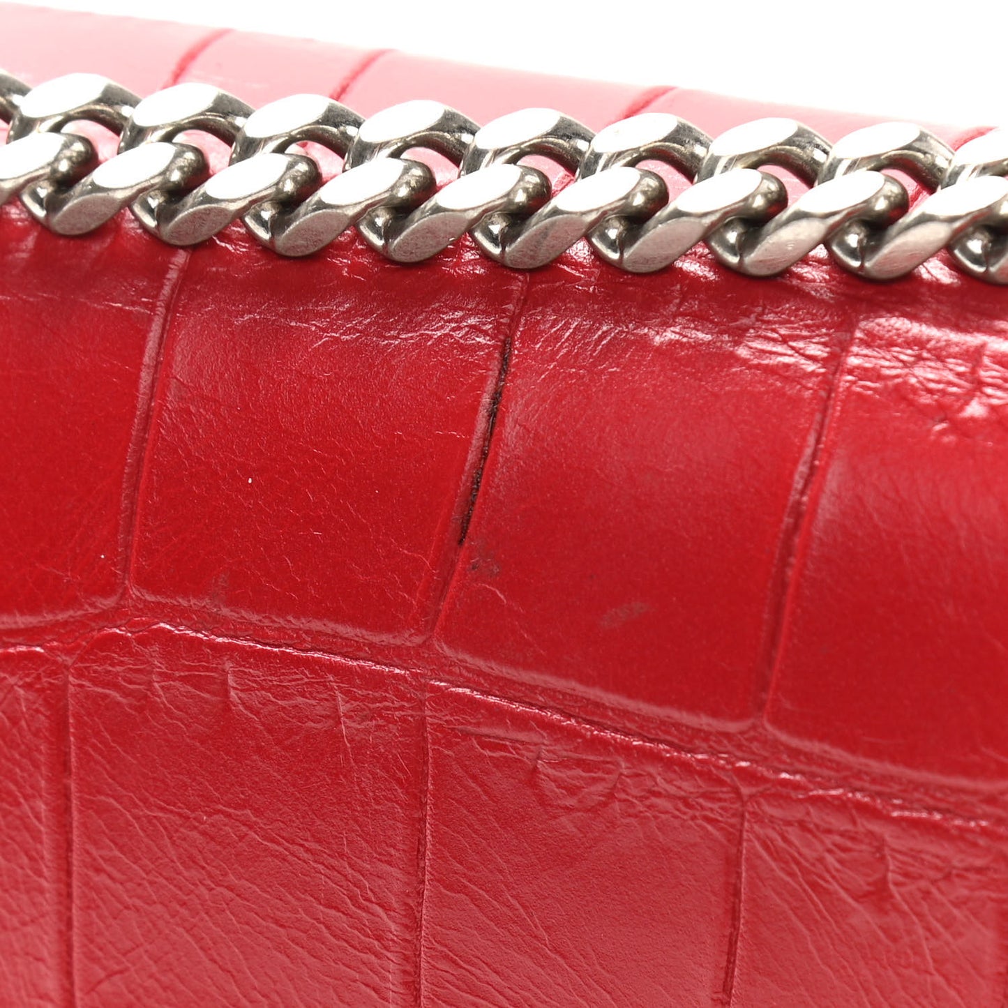 Calfskin Crocodile Embossed Medium Classic Monogram Kate Tassel Satchel Red