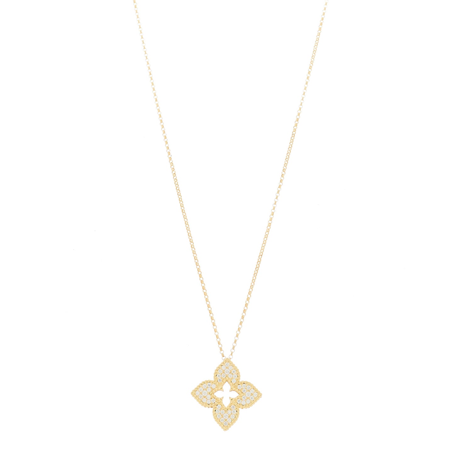 18K Yellow Gold Diamond Medium Venetian Princess Flower Pave Pendant Necklace