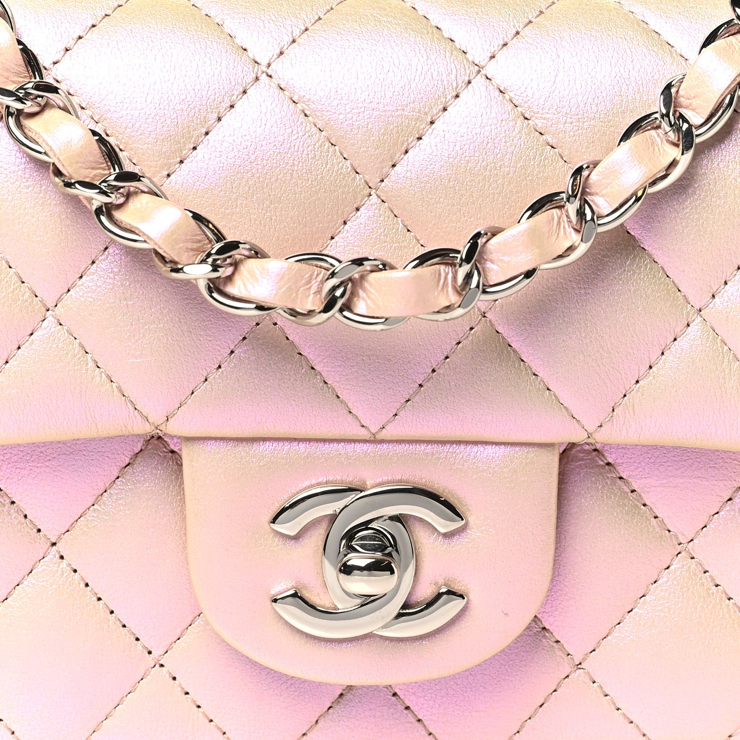 Iridescent Calfskin Quilted Mini Rectangular Flap Pink