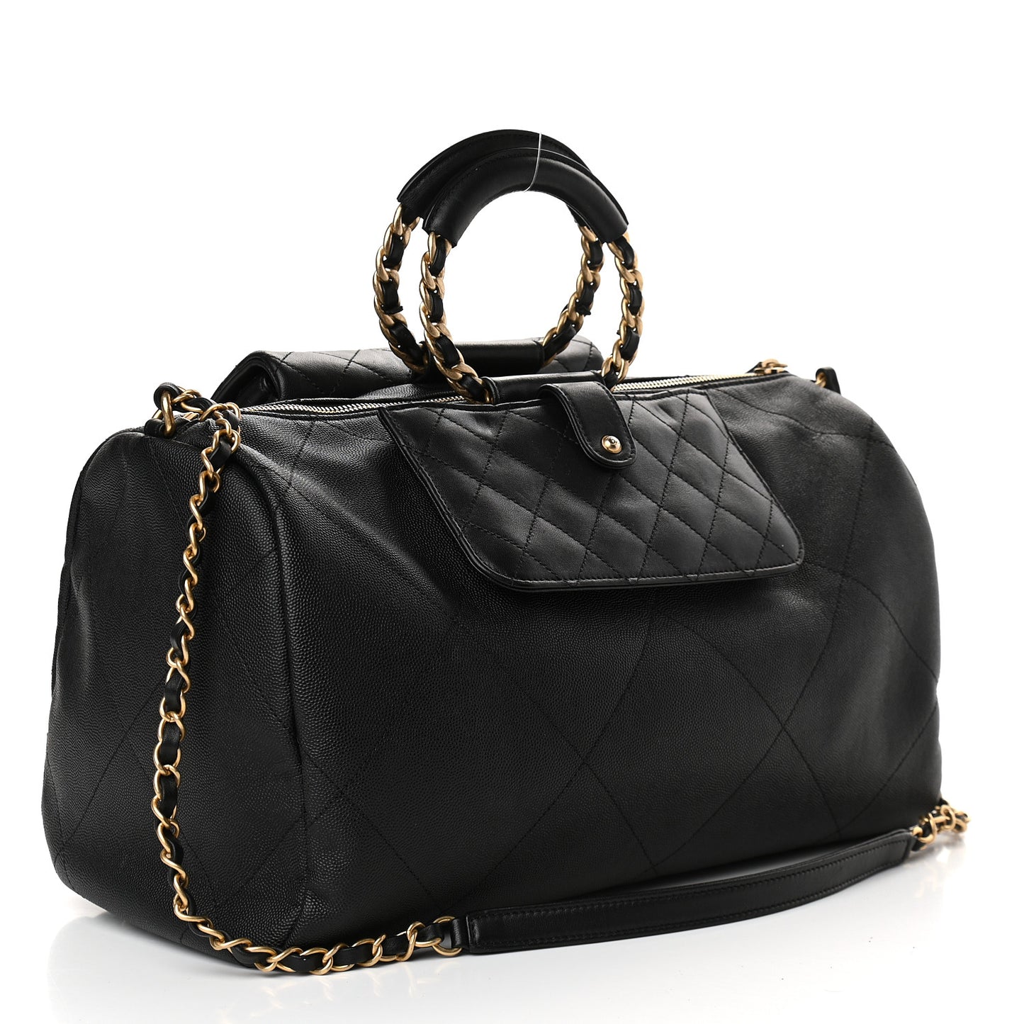 Grained Calfskin Lambskin Quilted Large Bowling Bag Black