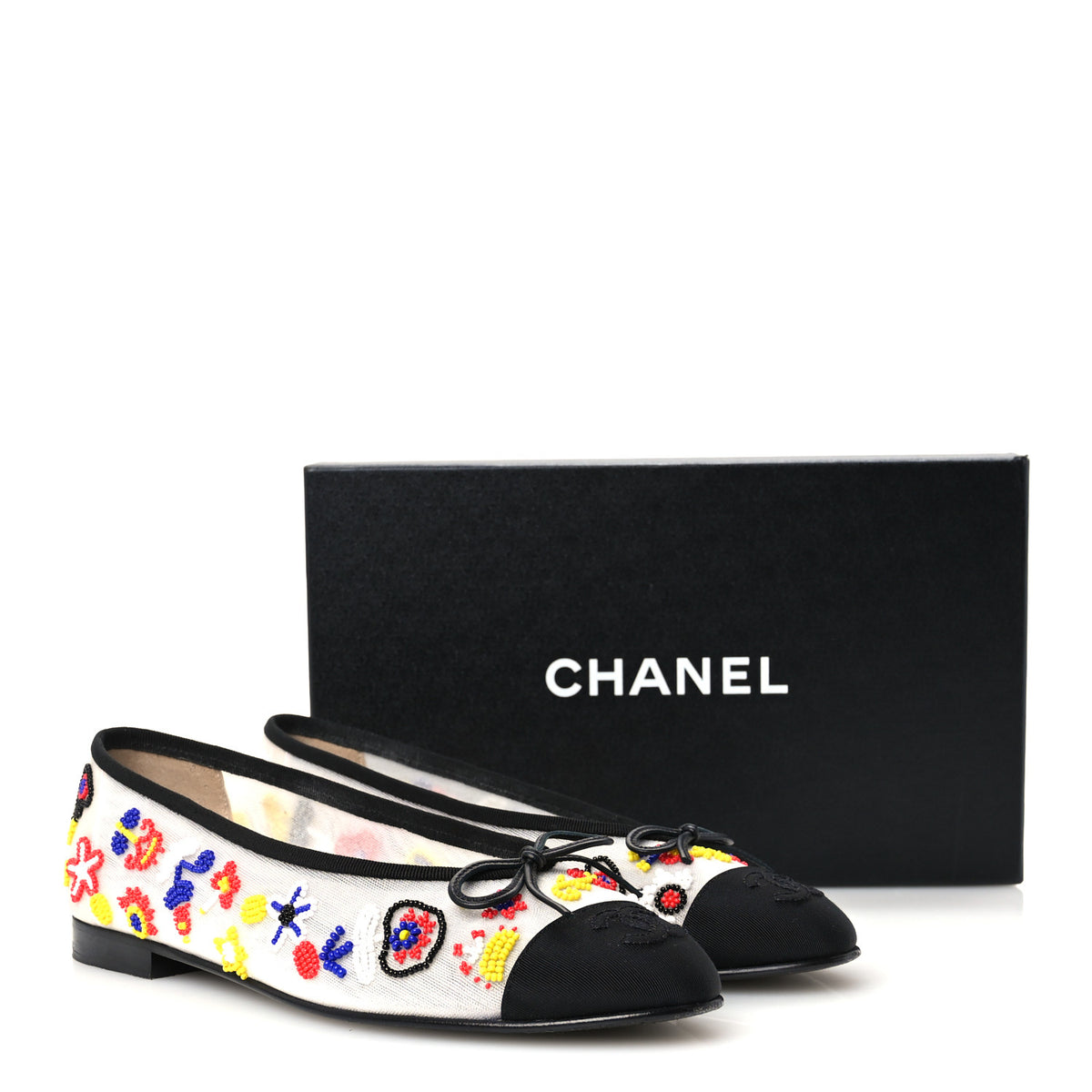 Mesh Pearl Grosgrain Cap Toe CC Coco Beach Ballerina Flats 39 Multicolor Black