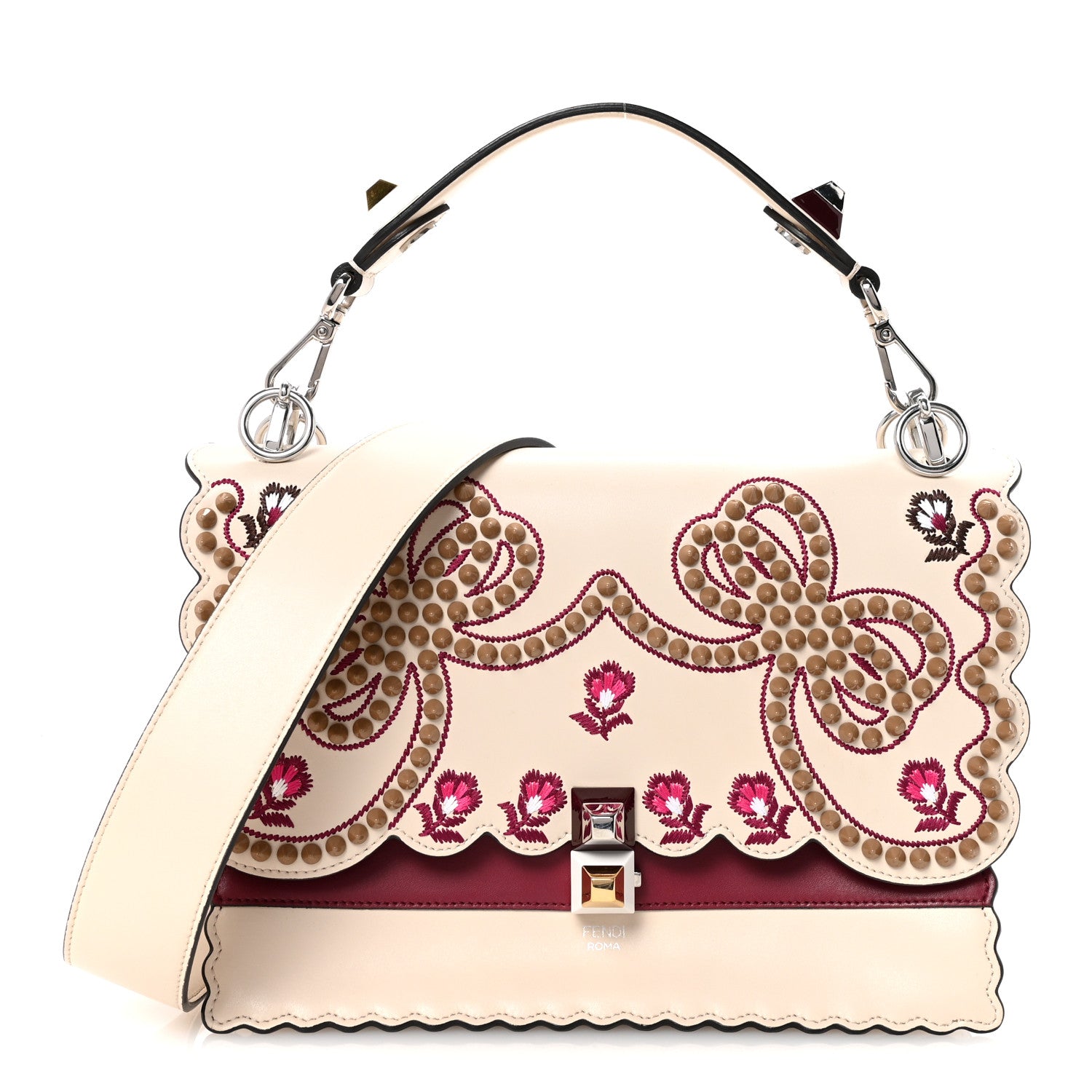 Fendi Vitello Liberty Lucido Flowers and Bows Scalloped Studded Kan I Shoulder Bag Camelia Black Cherry 1 of 10