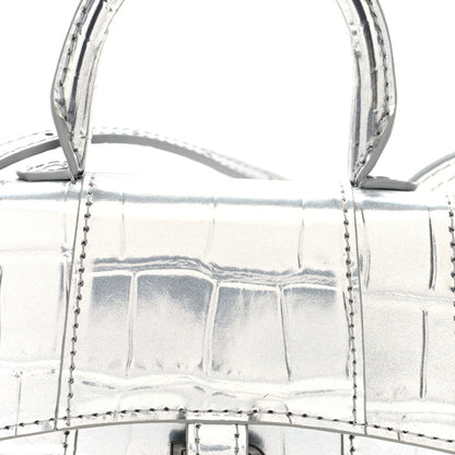 Balenciaga Metallic Calfskin Crocodile Embossed Hourglass Top Handle Bag Mini Silver 7 of 9