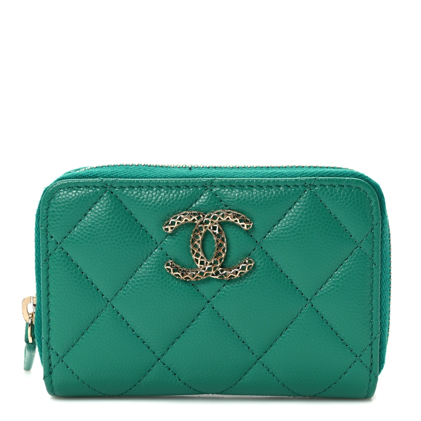 Caviar Quilted Perforated CC Zip Coin Purse Green