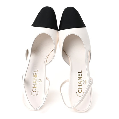 Chanel Lambskin Grosgrain Cap Toe CC Slingback Pumps 40 White Black 2 of 10