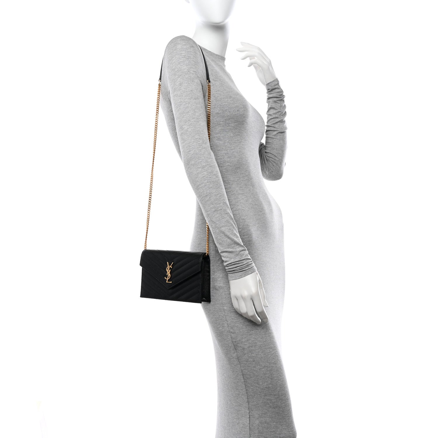 Saint Laurent Grain De Poudre Matelasse Chevron Monogram Envelope Chain Wallet Black 2 of 11