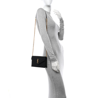 Saint Laurent Grain De Poudre Matelasse Chevron Monogram Envelope Chain Wallet Black 2 of 11