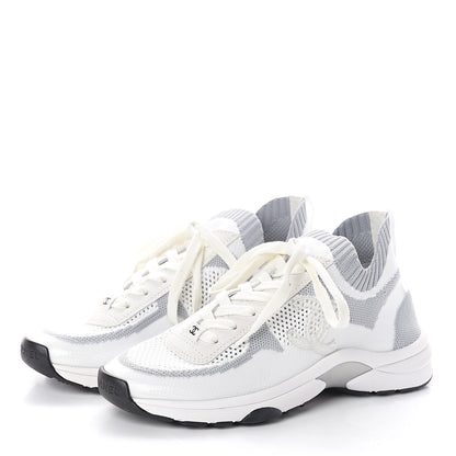 Chanel Fabric Suede Calfskin Stretch CC Sneakers 38 White Grey 2 of 6