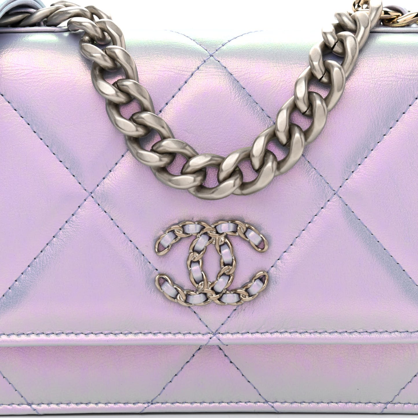 Iridescent Calfskin Quilted Chanel 19 Wallet On Chain WOC Light Purple