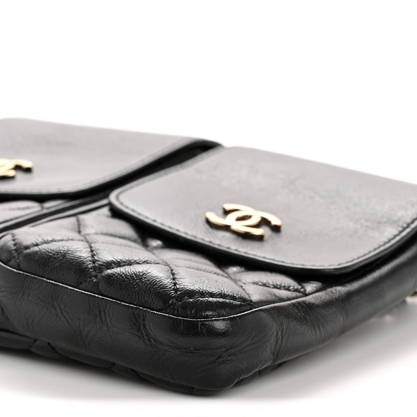 Glazed Calfskin Quilted Double Pocket Crossbody Flap Black