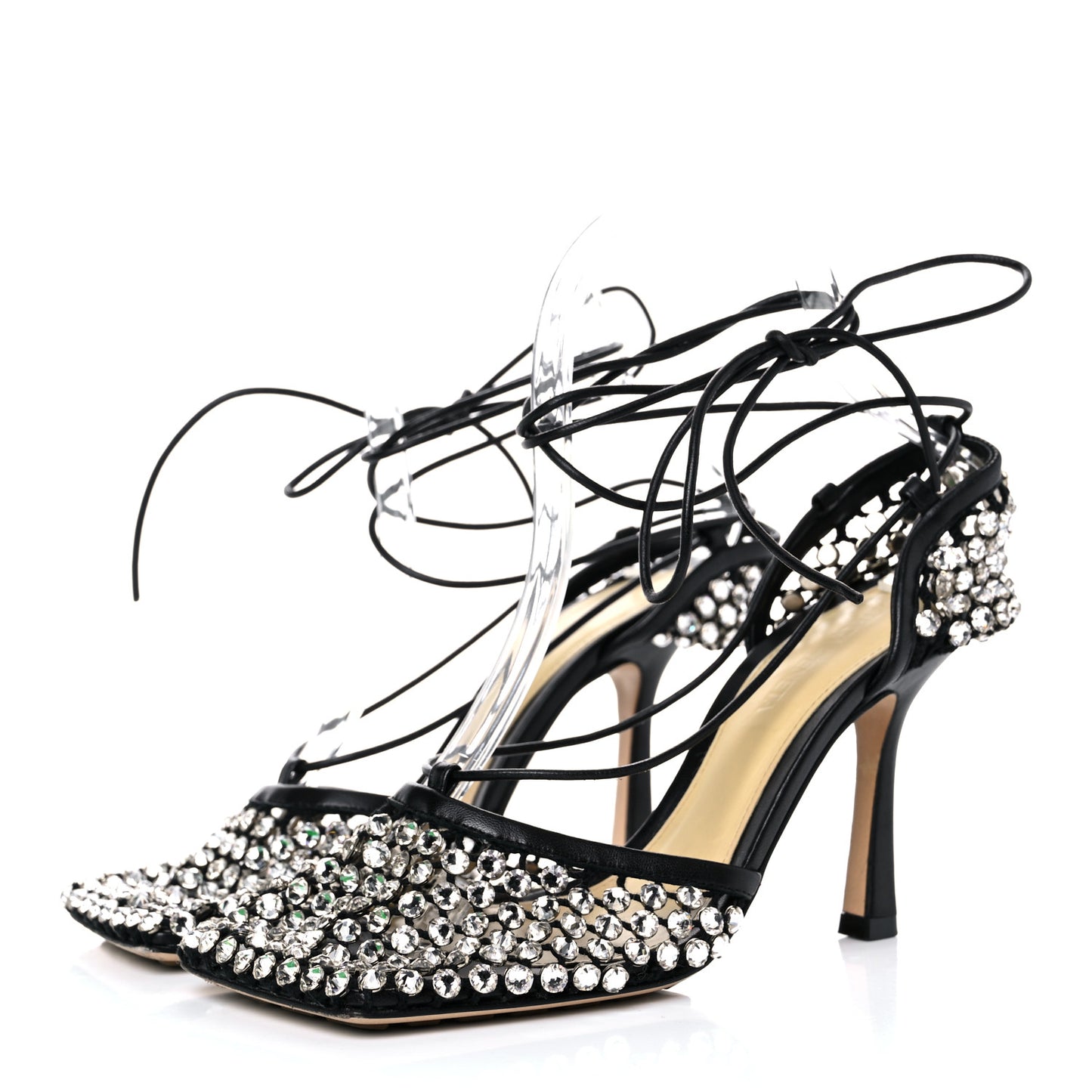 Mesh Nappa Crystal Embellished Sparkle Stretch Ankle Tie Sandals 36 Black