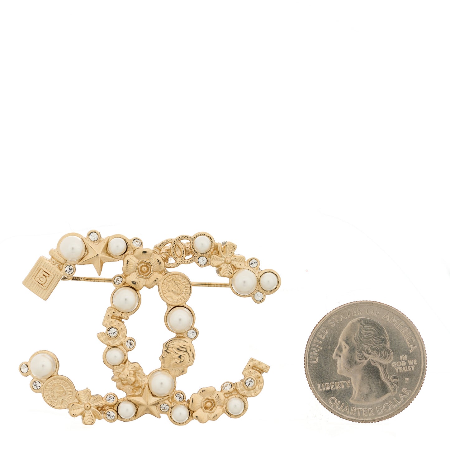 Pearl Crystal CC Flower Brooch White Nacre Gold