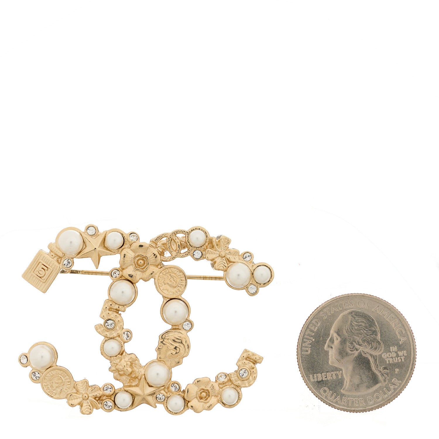 Chanel Pearl Crystal CC Flower Brooch White Nacre Gold 2 of 5