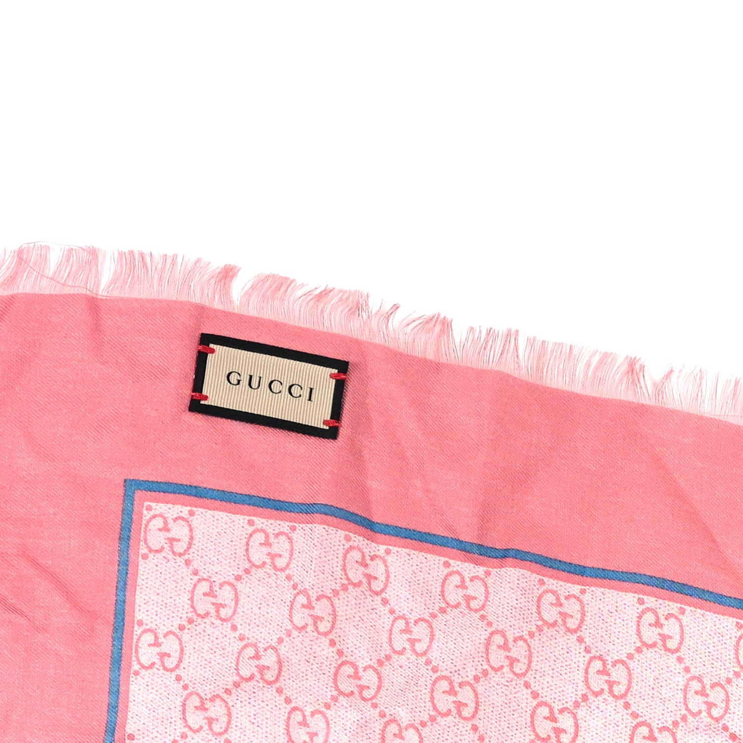 Gucci Modal Silk GG Monogram Big Gold Horsebit Fringe Shawl Pink Sky Blue 3 of 3
