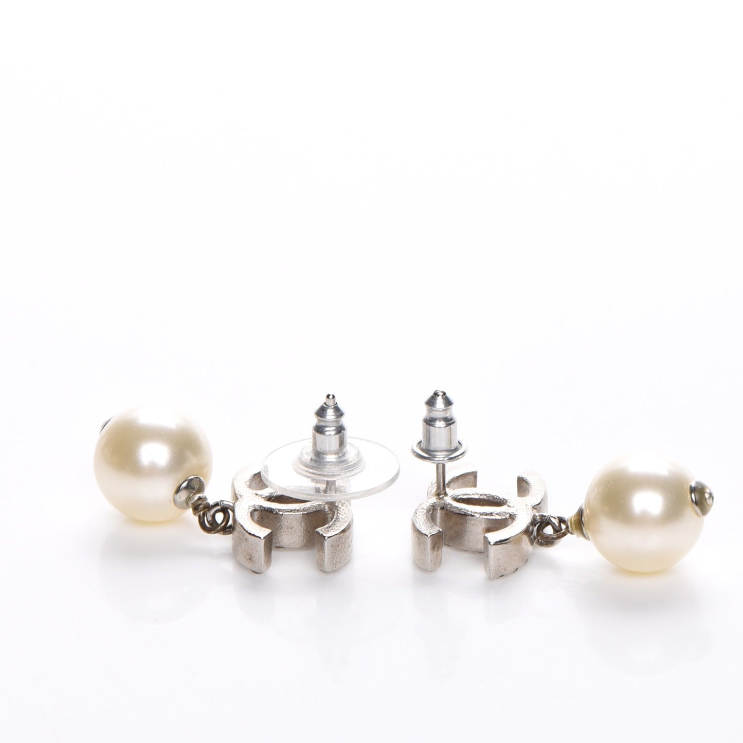 Crystal Pearl CC Drop Earrings Silver