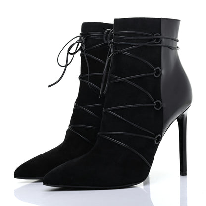 Saint Laurent Calfskin Velvet Lace Up Ankle Boots 40.5 Black 3 of 12