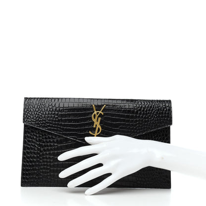 Saint Laurent Calfskin Crocodile Embossed Uptown Monogram Clutch Black 2 of 7
