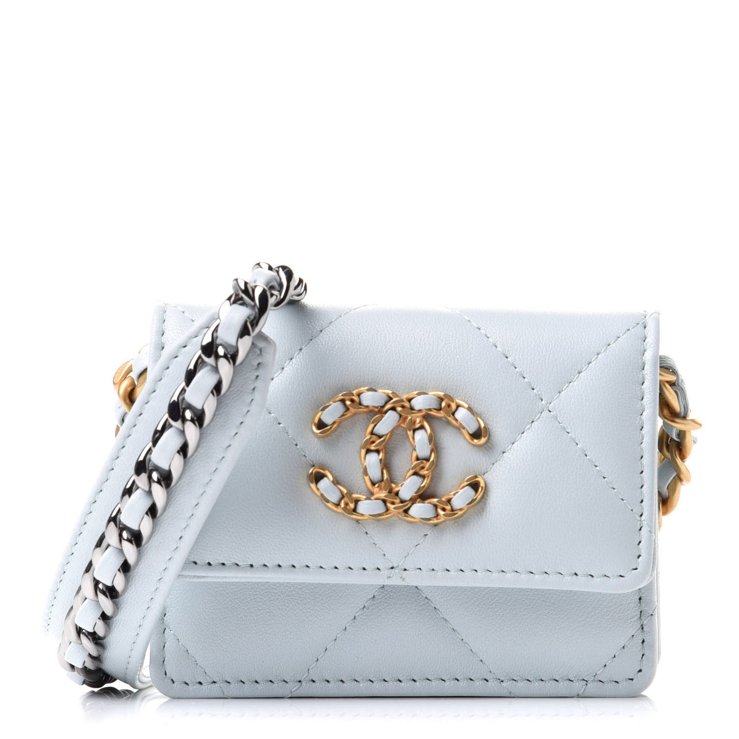 Lambskin Quilted Chanel 19 Flap Coin Purse With Chain Light Blue
