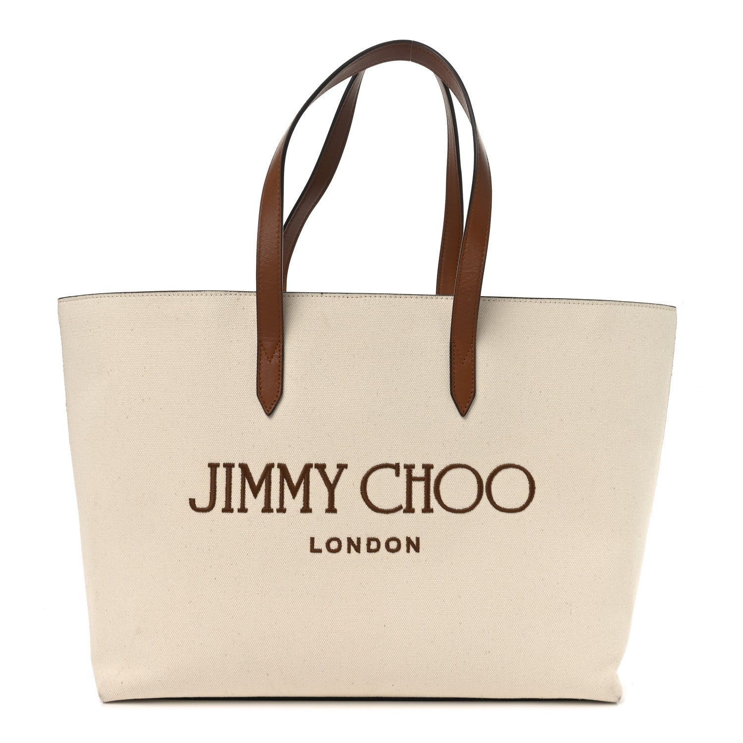 Jimmy Choo Canvas Embroidered Logo Tote Ecru Tan 1 of 9