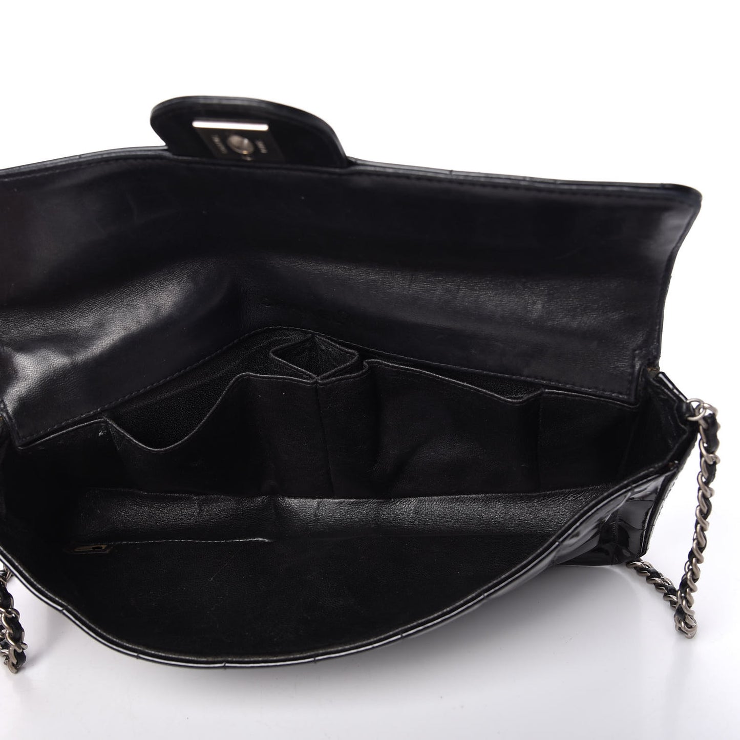 Patent Quilted East West Chocolate Bar Flap Black