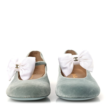 Chanel Velvet Grosgrain Bow Mary Jane Flats 37.5 Light Green White 3 of 11