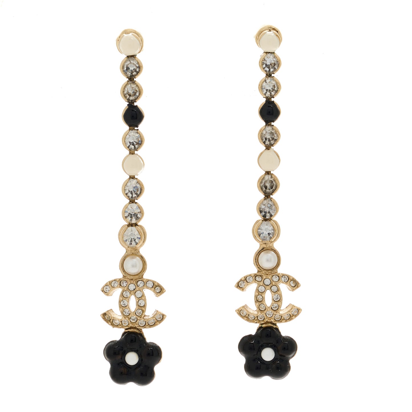 Metal Strass Enamel Flower CC Drop Earrings Gold White Black