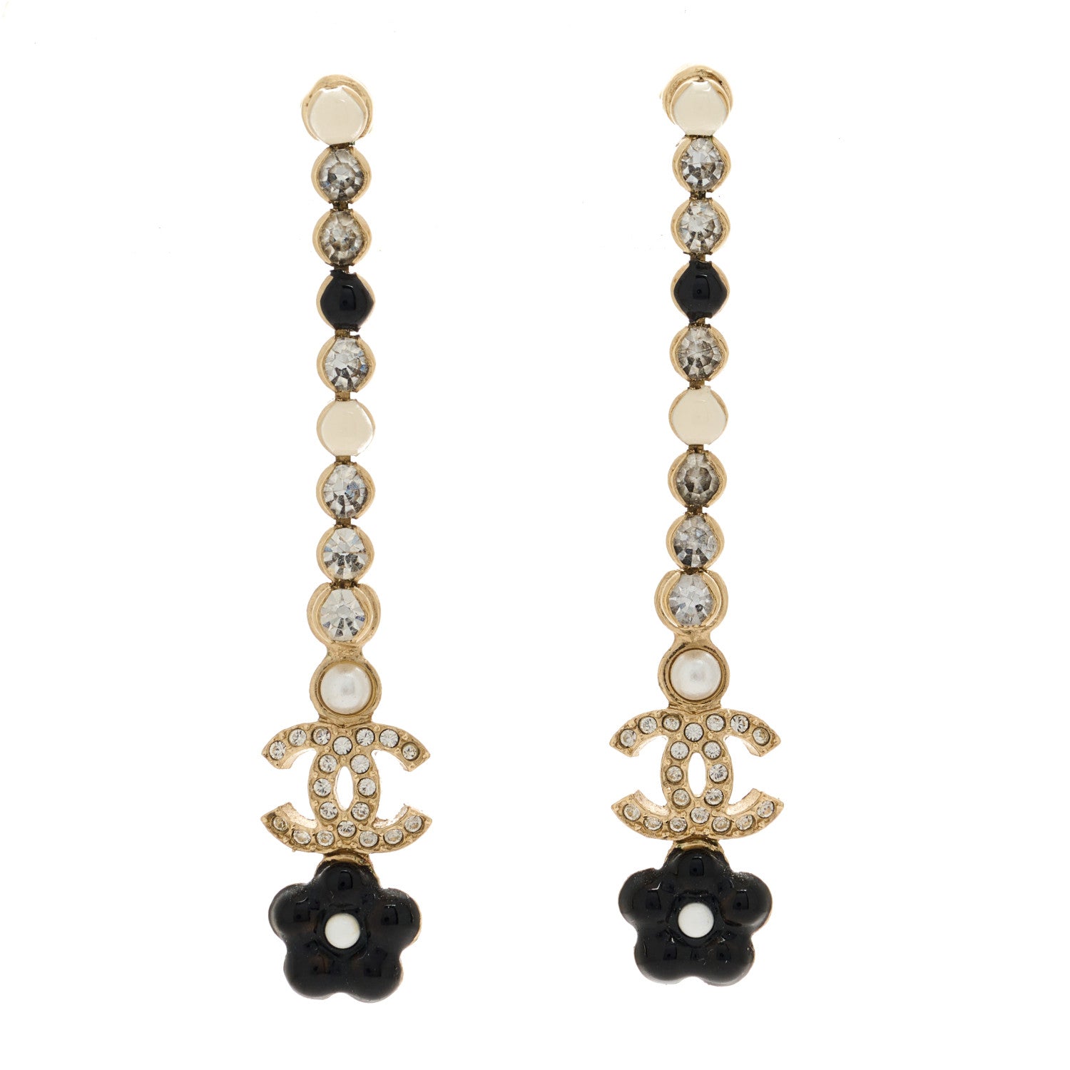 Chanel Metal Strass Enamel Flower CC Drop Earrings Gold White Black 1 of 4