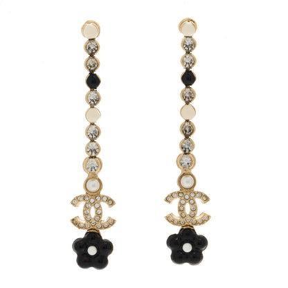 Chanel Metal Strass Enamel Flower CC Drop Earrings Gold White Black 1 of 4
